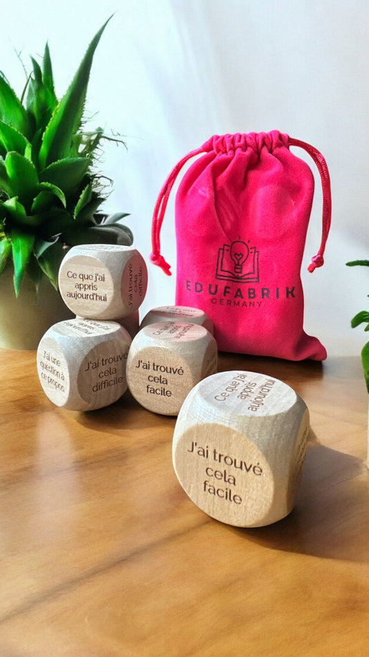 6 Reflexionswürfel (Französisch) aus Holz zur Reflexion im Unterricht (Growth Mindset Übung)